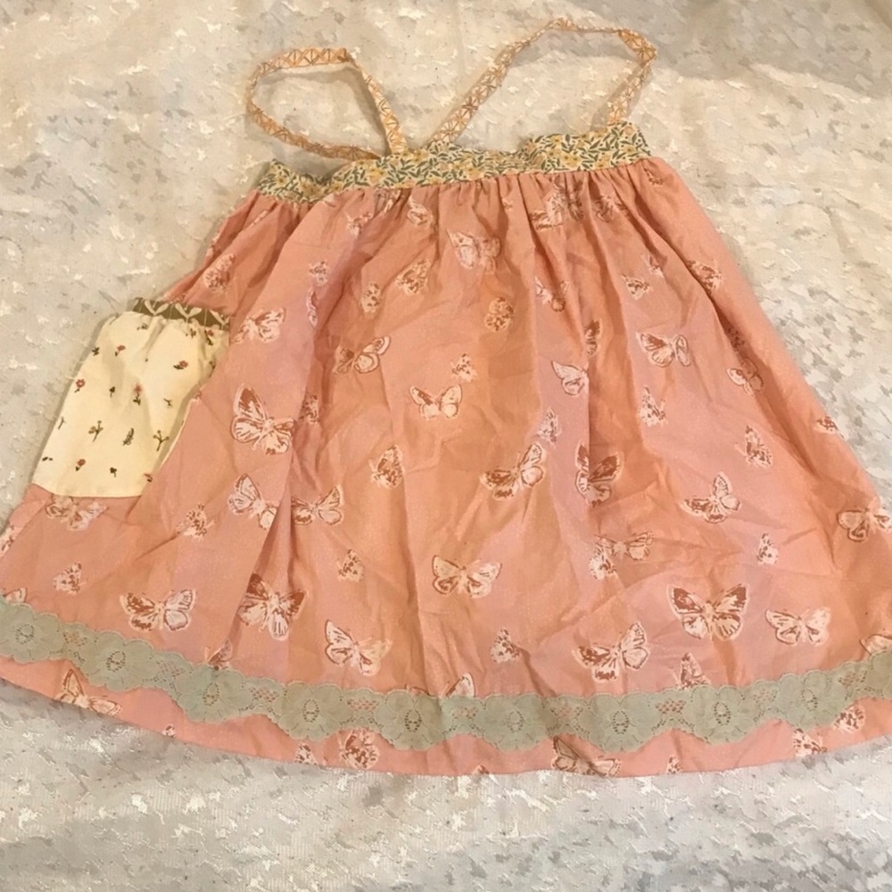 Platinum Peach Butterfly Print Sundress with Lace Trim. Size 10 NWOT